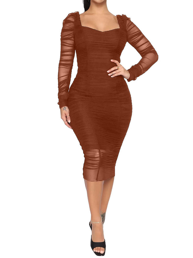 Mesh Sleeves Ruched Bodycon Midi Dresses – Viho Shop