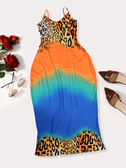 Spaghetti Strap Boho Gradient Leoaprd Print Sundress