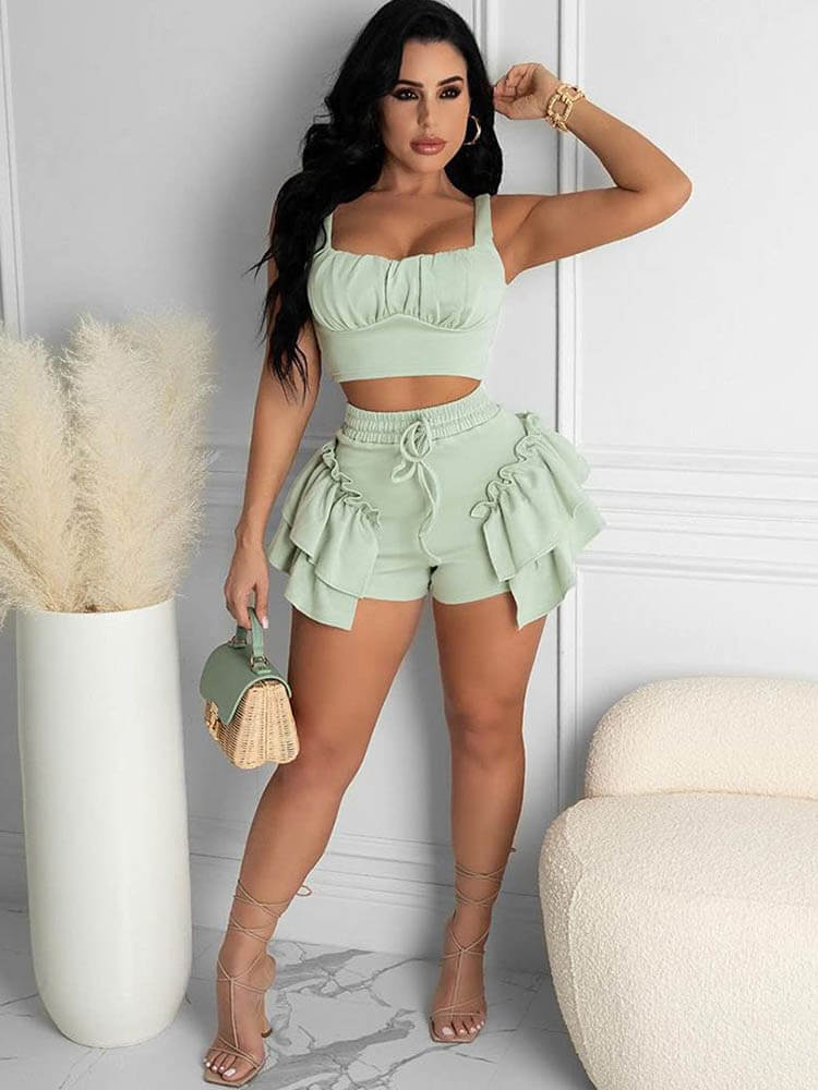 Sleeveless Crop Top & Drawstring Ruffled Shorts