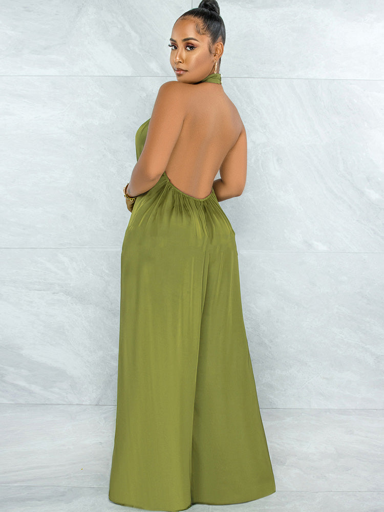 Loose Fit Halter Backless Wide Leg Jumpsuit