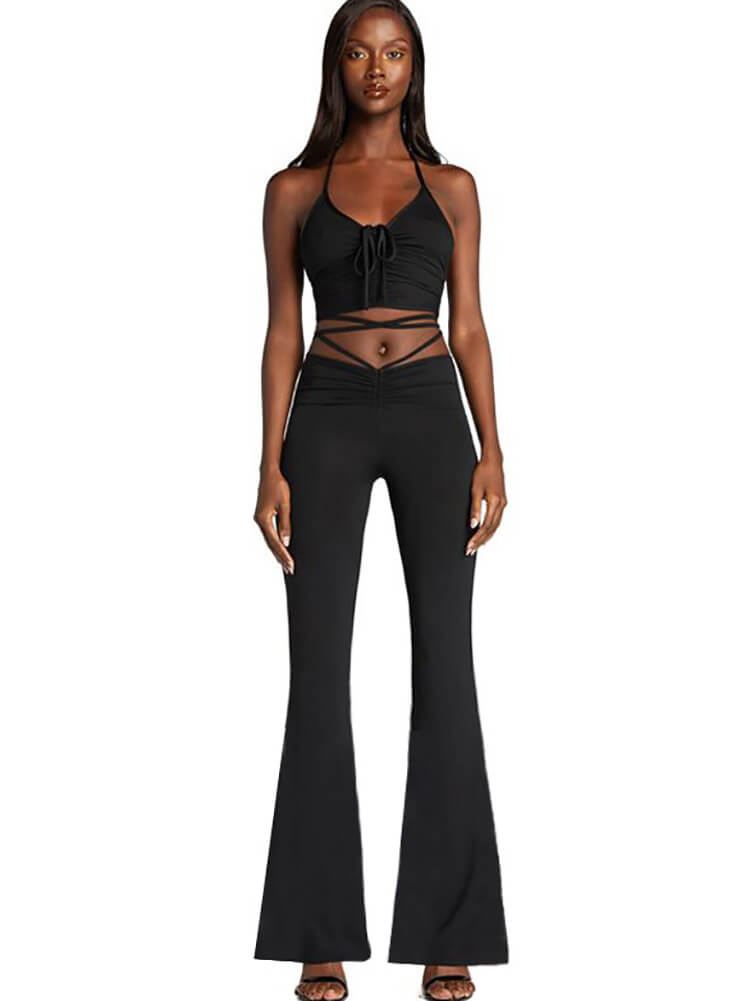 Two Piece Halter Drawstring Crop Top Wide Leg Pants Set