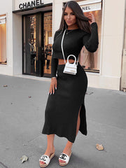 Two Pieces Knit Long Sleeve Crop Top & Midi Skirt