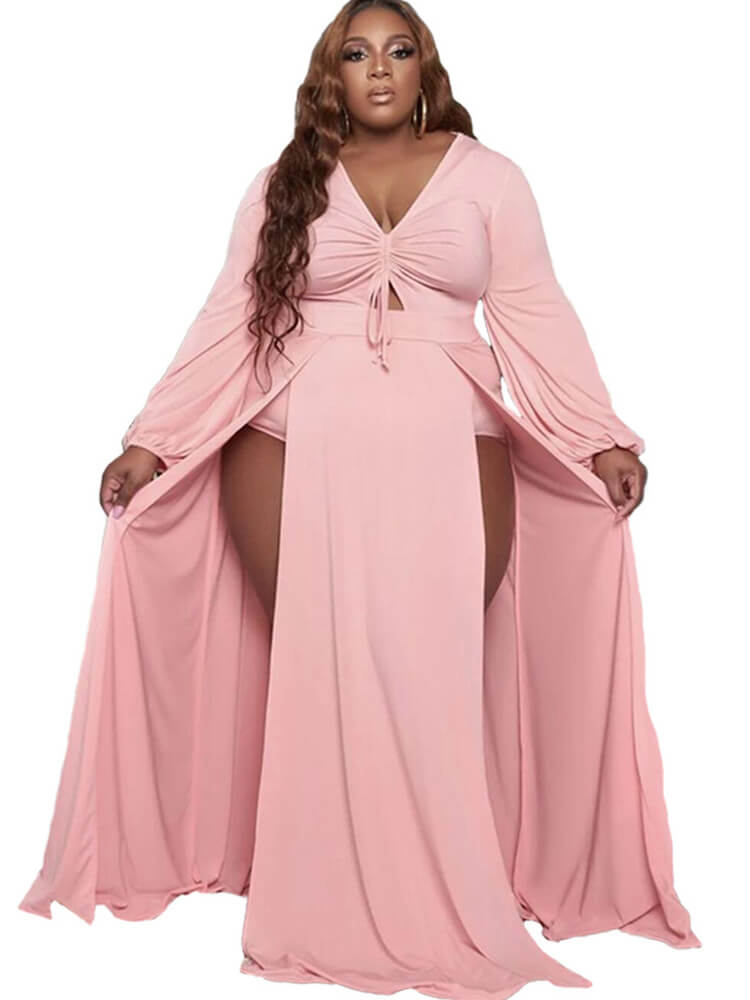 Plus Size Long Sleeve Drawstring Split Maxi Dresses