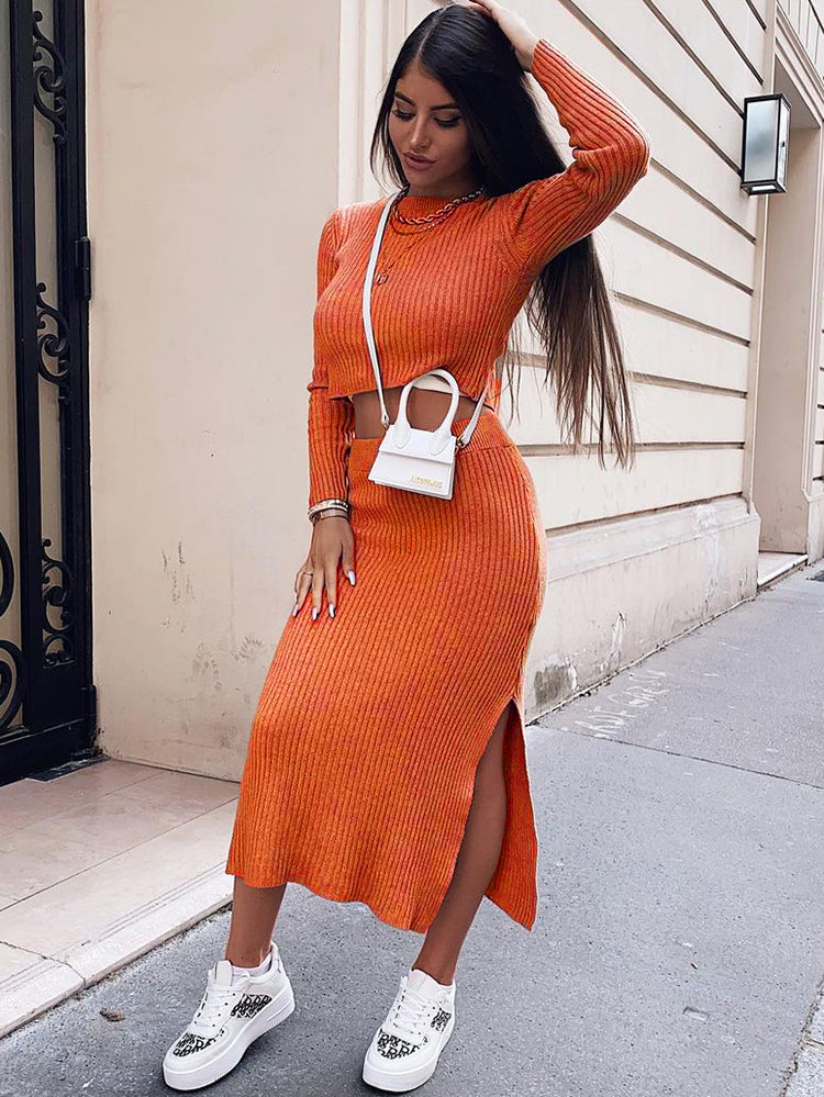 Two Pieces Knit Long Sleeve Crop Top & Midi Skirt