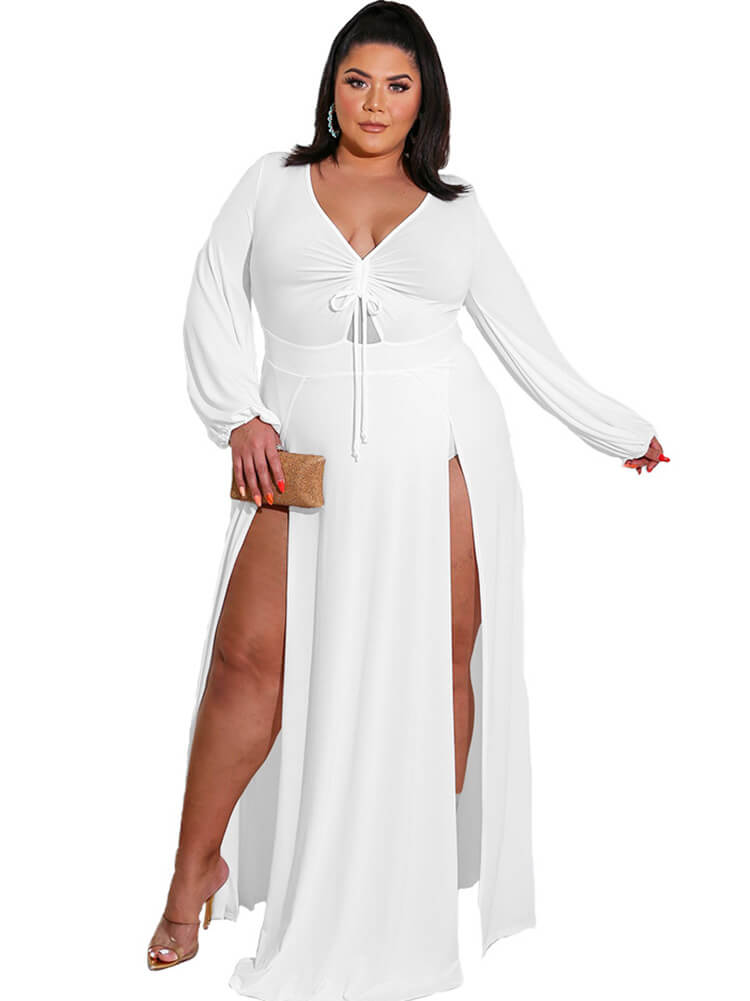 Plus Size Long Sleeve Drawstring Split Maxi Dresses