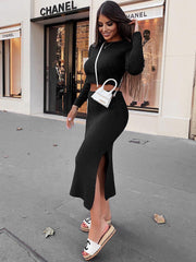 Two Pieces Knit Long Sleeve Crop Top & Midi Skirt