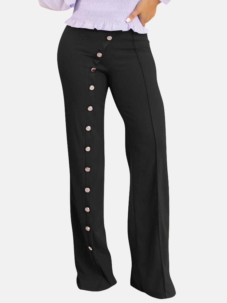 Wide Leg Button High Waisted Long Pants