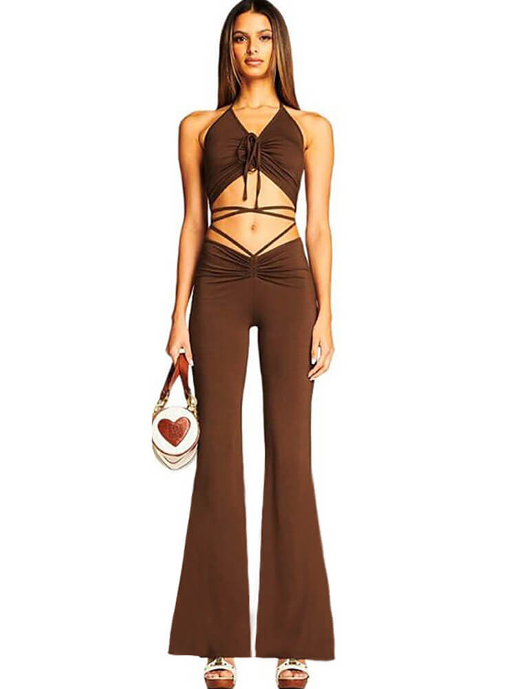 Two Piece Halter Drawstring Crop Top Wide Leg Pants Set