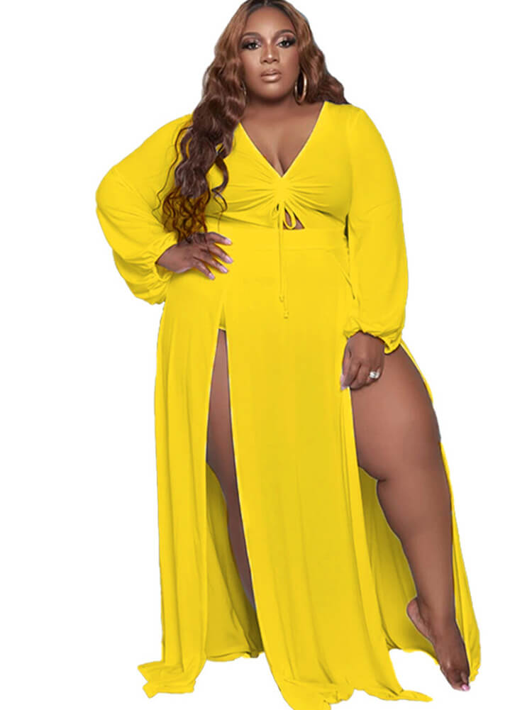 Plus Size Long Sleeve Drawstring Split Maxi Dresses