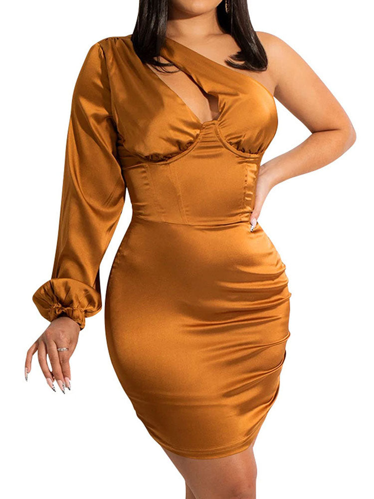 Satin Asymmetrical Sleeve Bodycon Mini Dresses