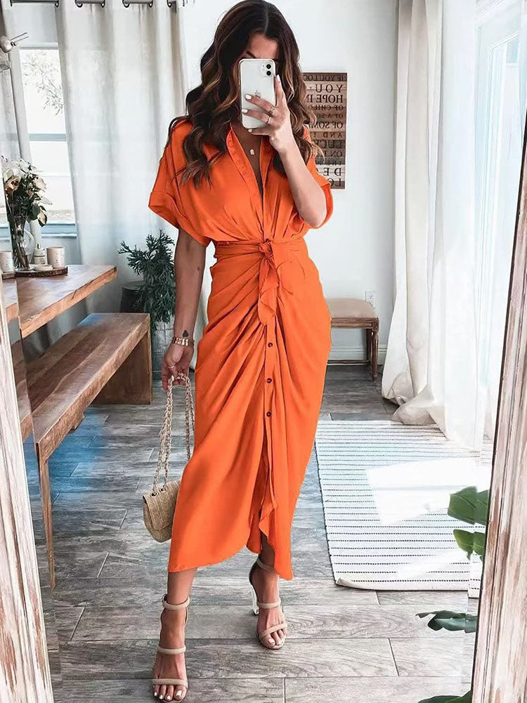 Short Sleeves Solid Color Ruched Maxi Dresses