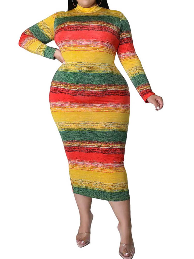 Plus Size Long Sleeve Floral Print Bodycon Midi Dresses