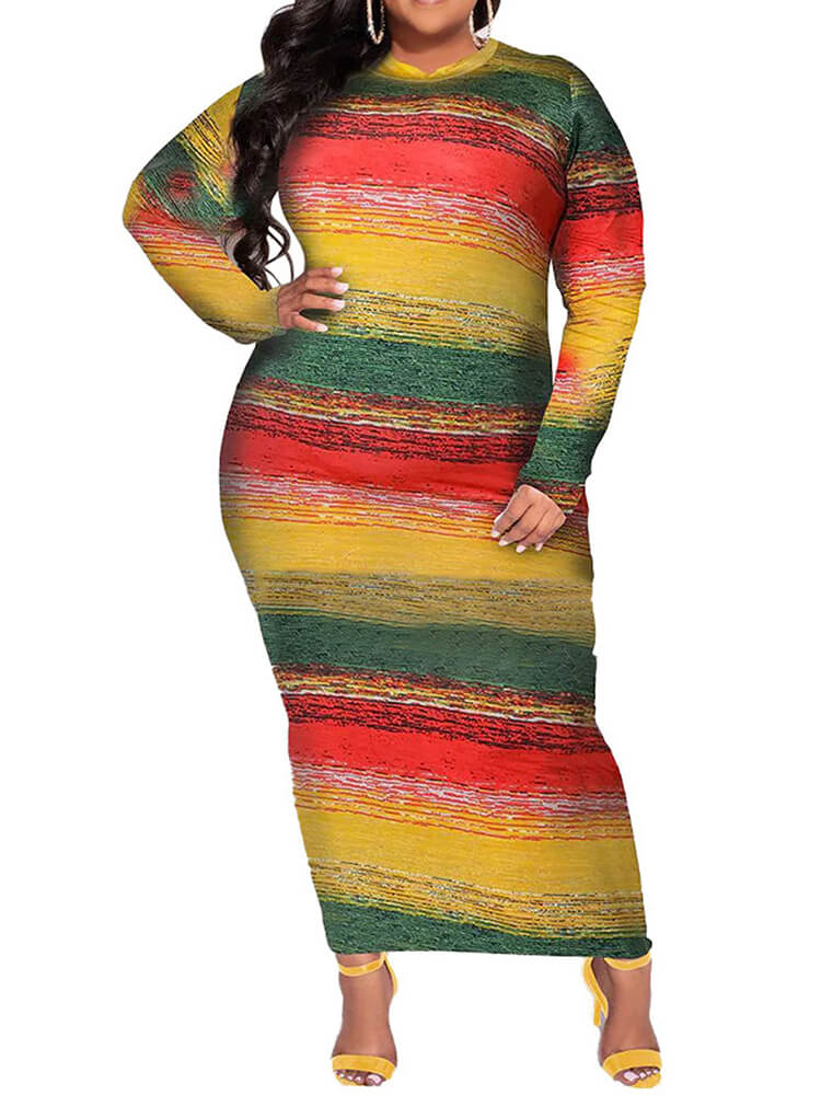 Plus Size Long Sleeve Floral Print Bodycon Midi Dresses