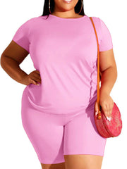 Plus Size Two Piece T Shirt Tops + Bodycon Shorts