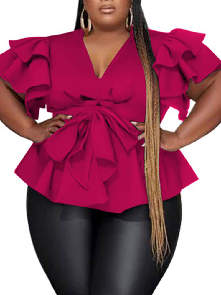 Plus Size V Neck Ruffles Short Sleeve Bow Tie Tunics Shirt