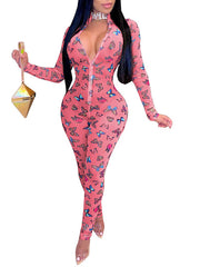 Butterfly Print Zipper Front Bodycon Jumpsuits