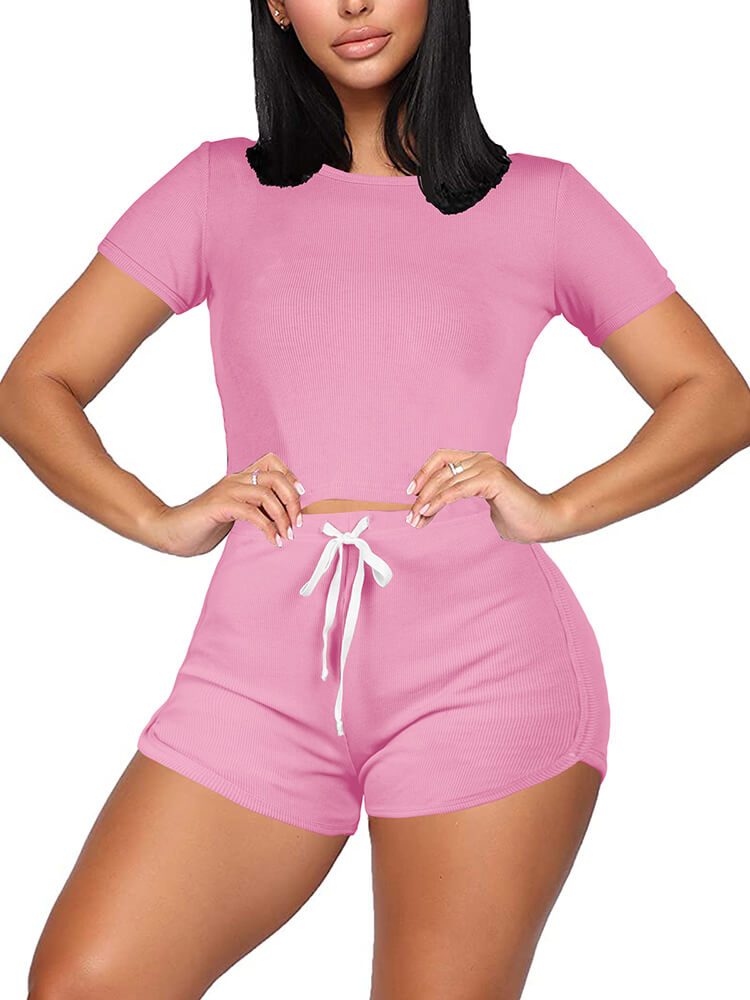 Two Pieces Solid Color Short Sleeve Crop Tops&Booty Shorts