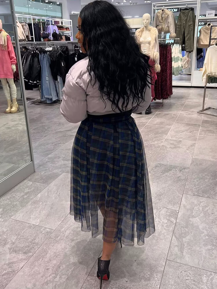 Mesh Plaid Irregular Hem Midi Skirt