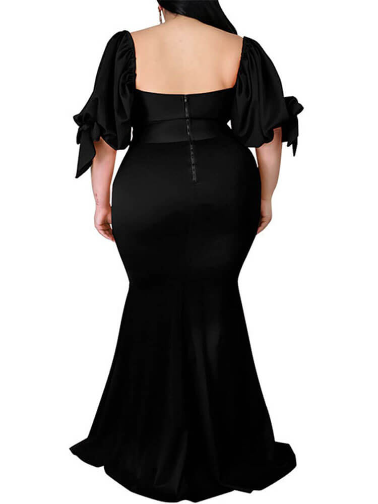 Plus Size Puff Sleeve Split Maxi Dresses