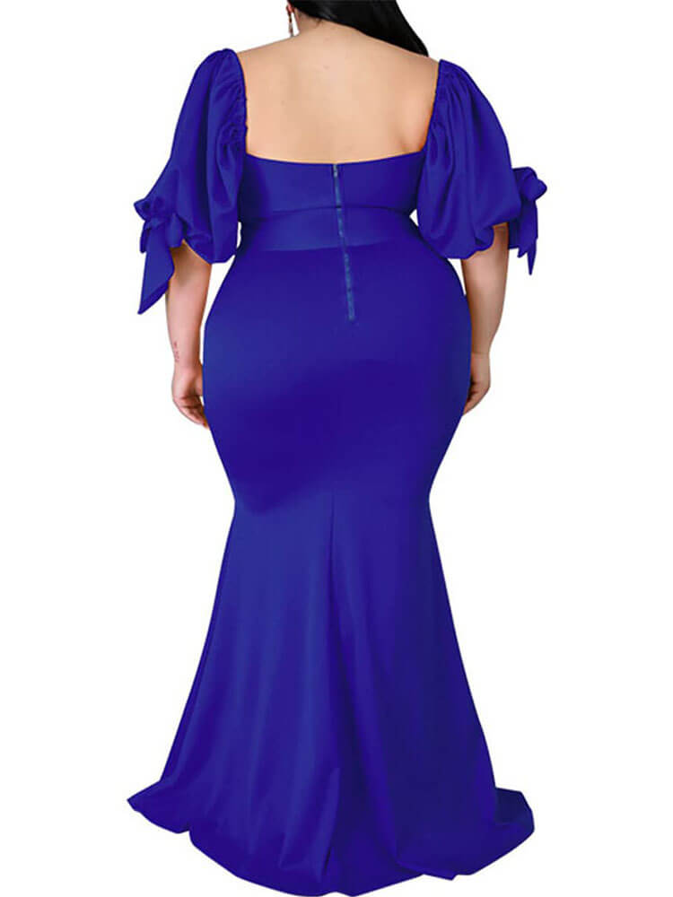 Plus Size Puff Sleeve Split Maxi Dresses