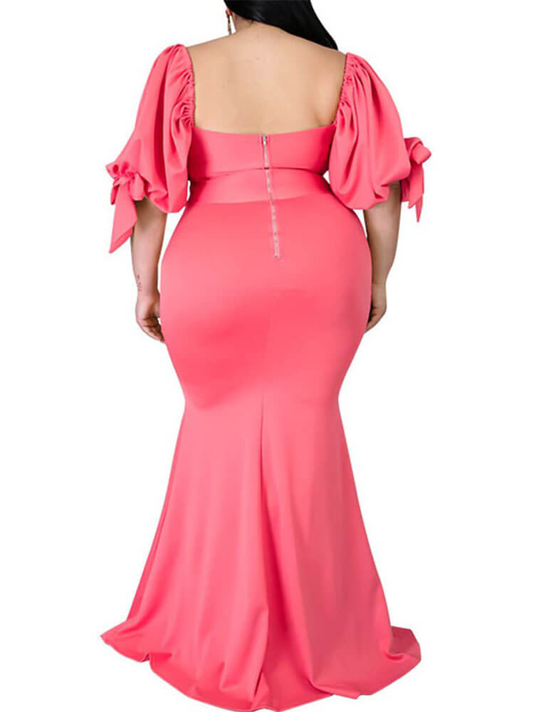 Plus Size Puff Sleeve Split Maxi Dresses