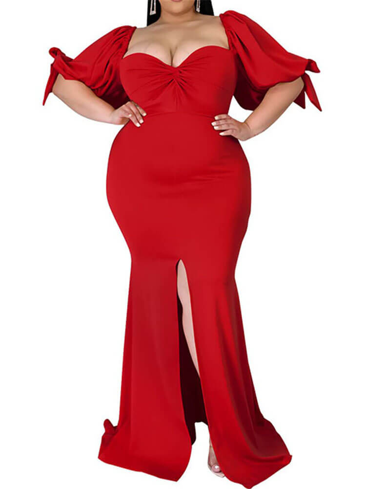 Plus Size Puff Sleeve Split Maxi Dresses