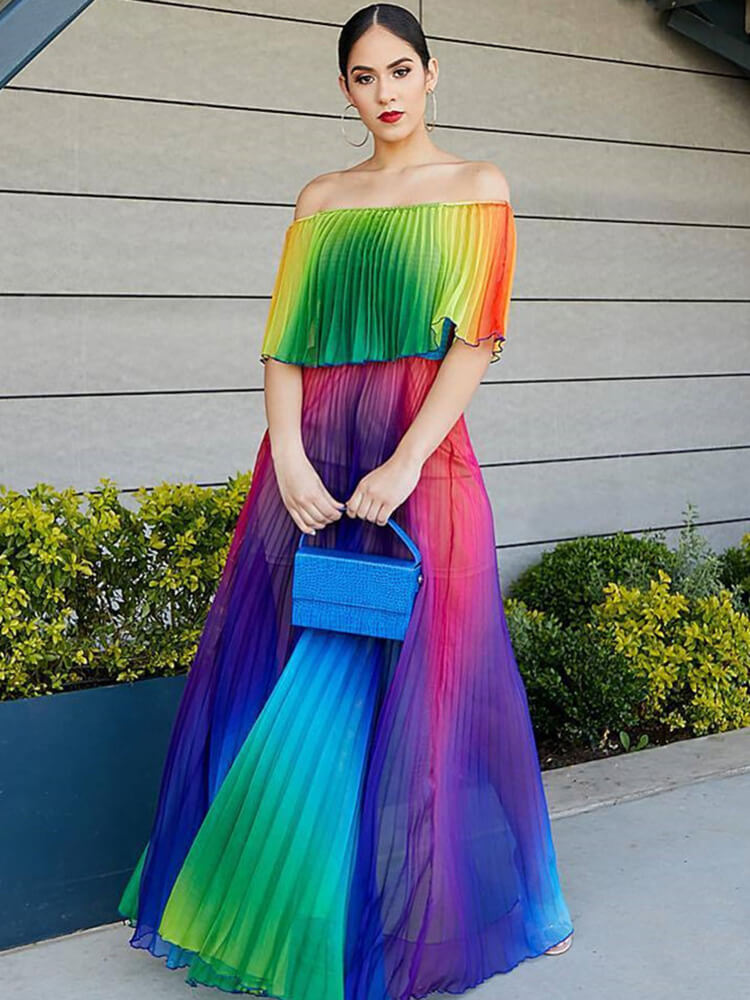 Off Shoulder Colorful Ombre Pleated Maxi Dresses