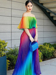 Off Shoulder Colorful Ombre Pleated Maxi Dresses