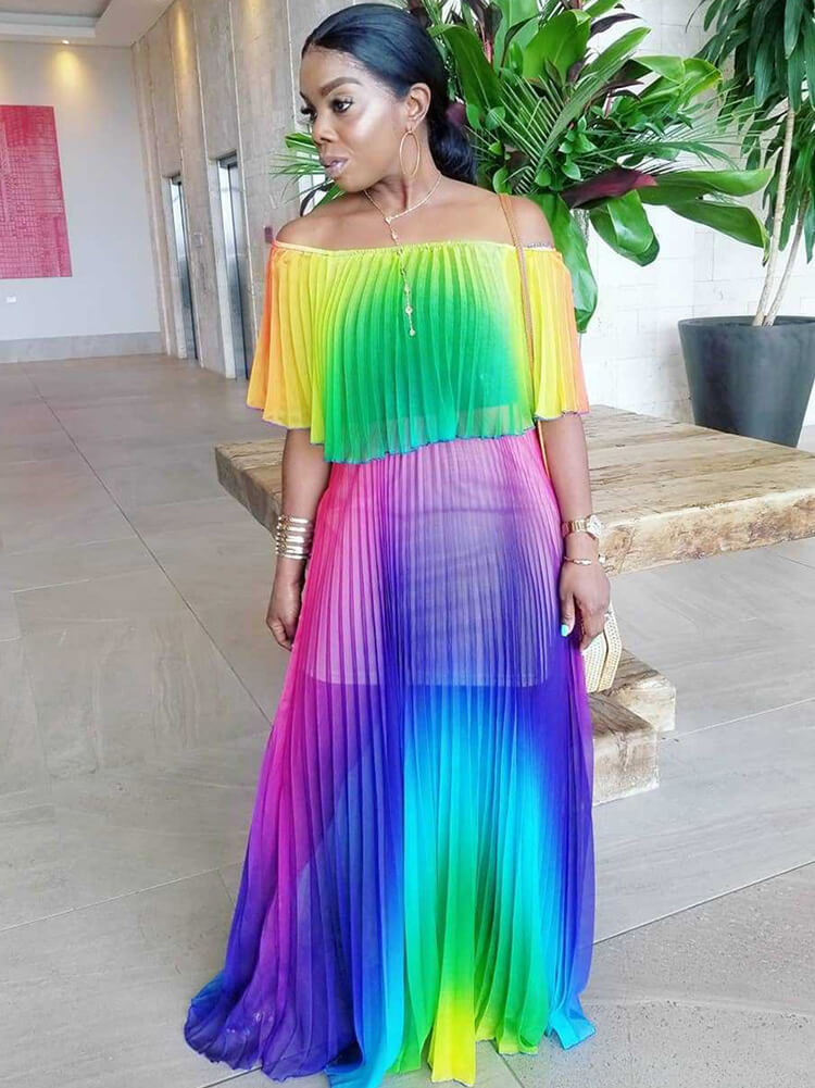 Off Shoulder Colorful Ombre Pleated Maxi Dresses