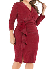 Plus Size V Neck Ruched Midi Dress