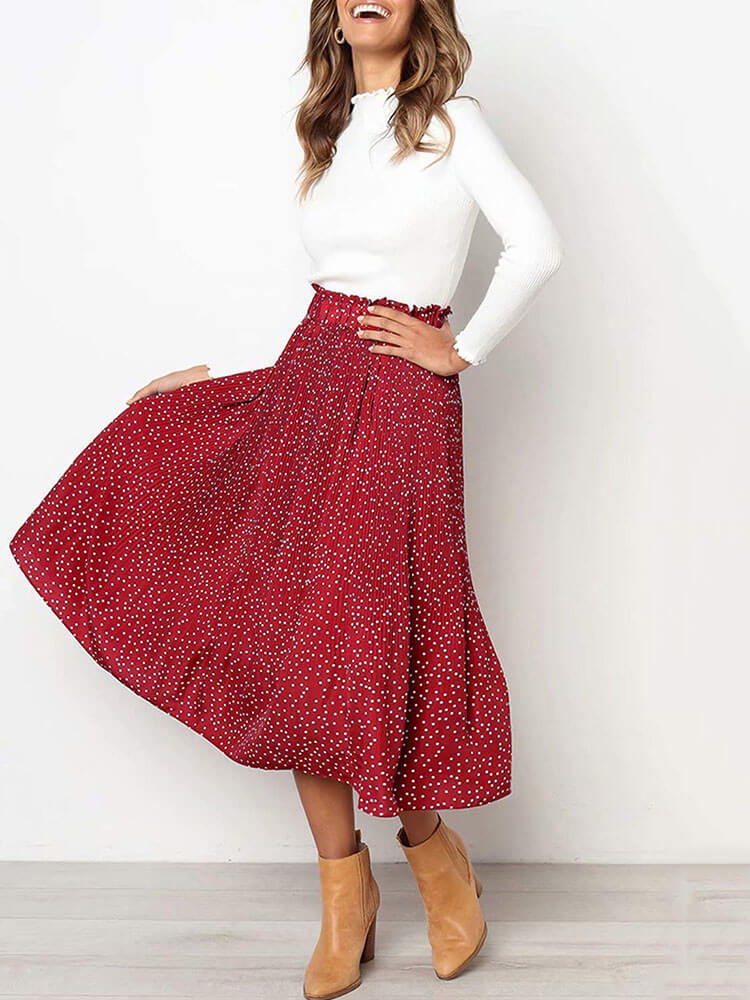 Polka Dots Floral Elastic Waist Long Dress