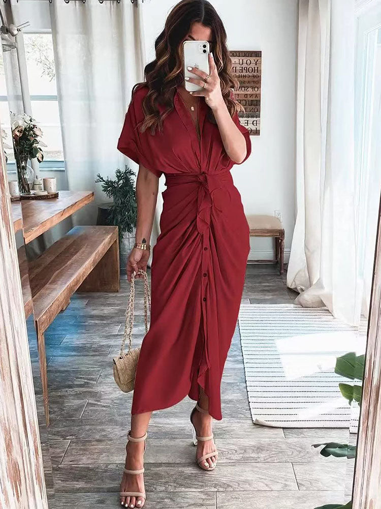 Short Sleeves Solid Color Ruched Maxi Dresses
