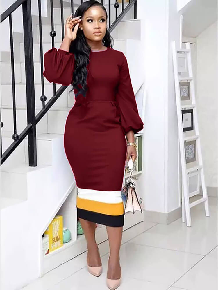 Round Neck Colorblock Ruched Midi Dresses