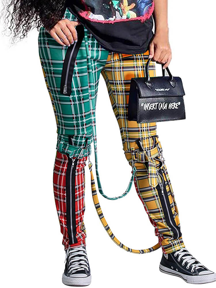 Plaid Color Block Stretchy High Waist Skinny Pants