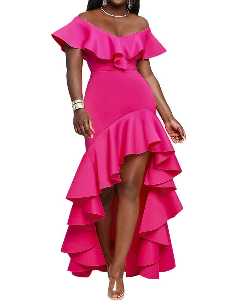 Off Shoulder Ruffle Irregular Hem Slit Maxi Dresses