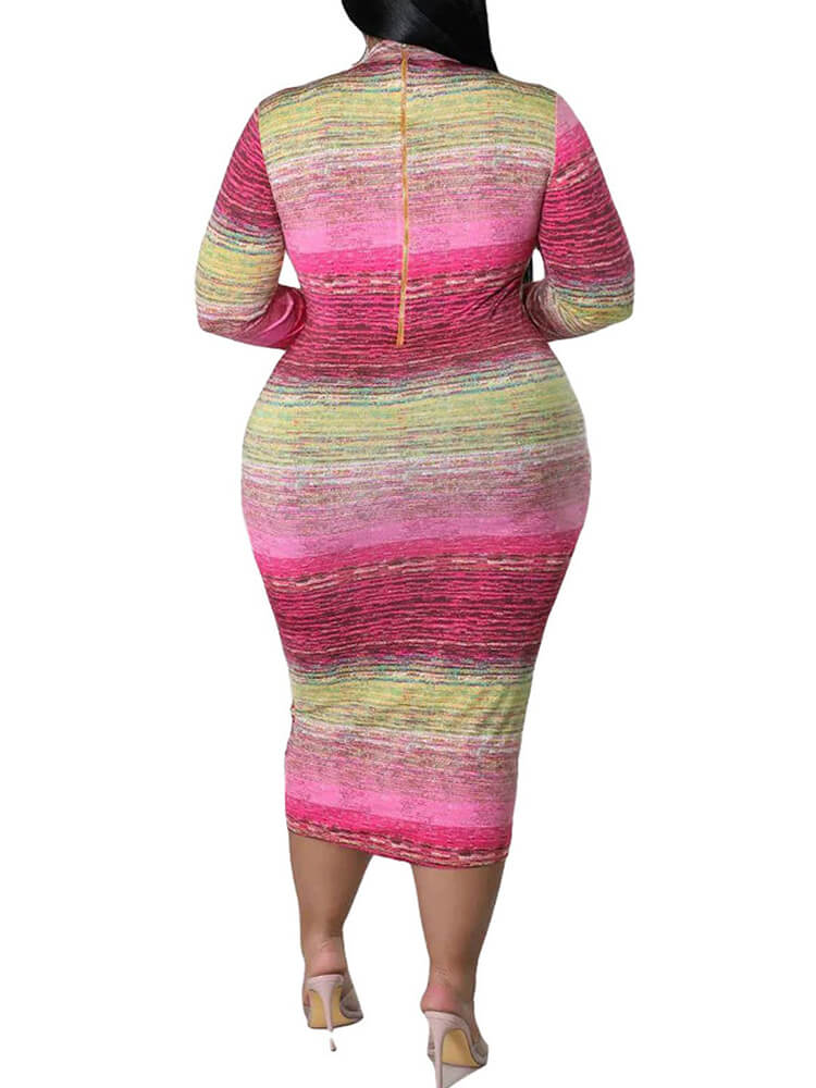 Plus Size Long Sleeve Floral Print Bodycon Midi Dresses