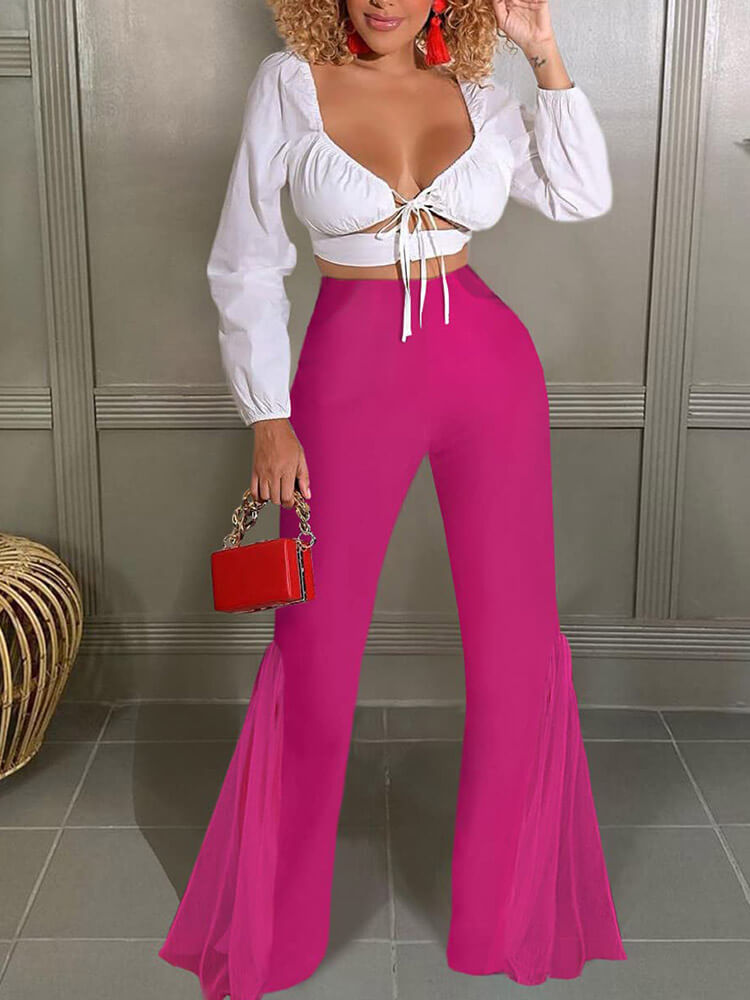 Mesh Solid Color High Waist Flare Pants