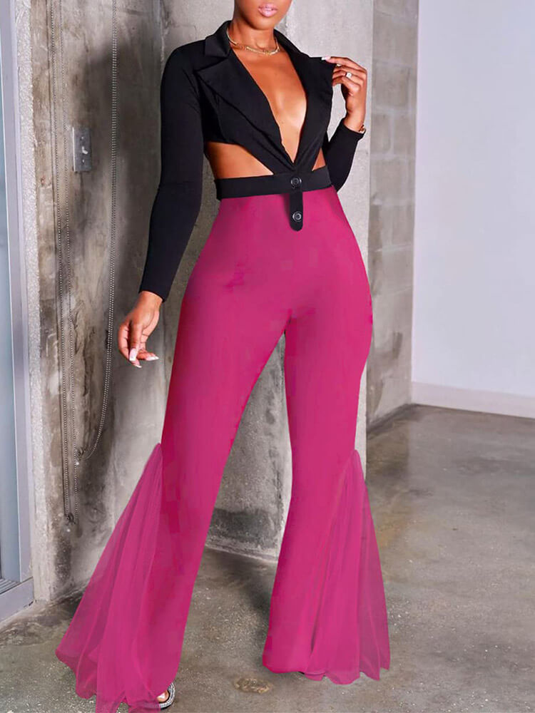 Mesh Solid Color High Waist Flare Pants