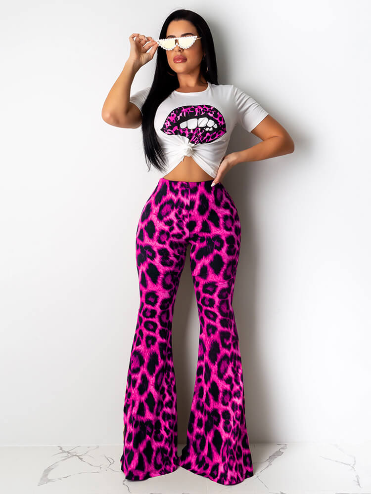 Two Piece Lips Print Tops+Leopard Pant Suits