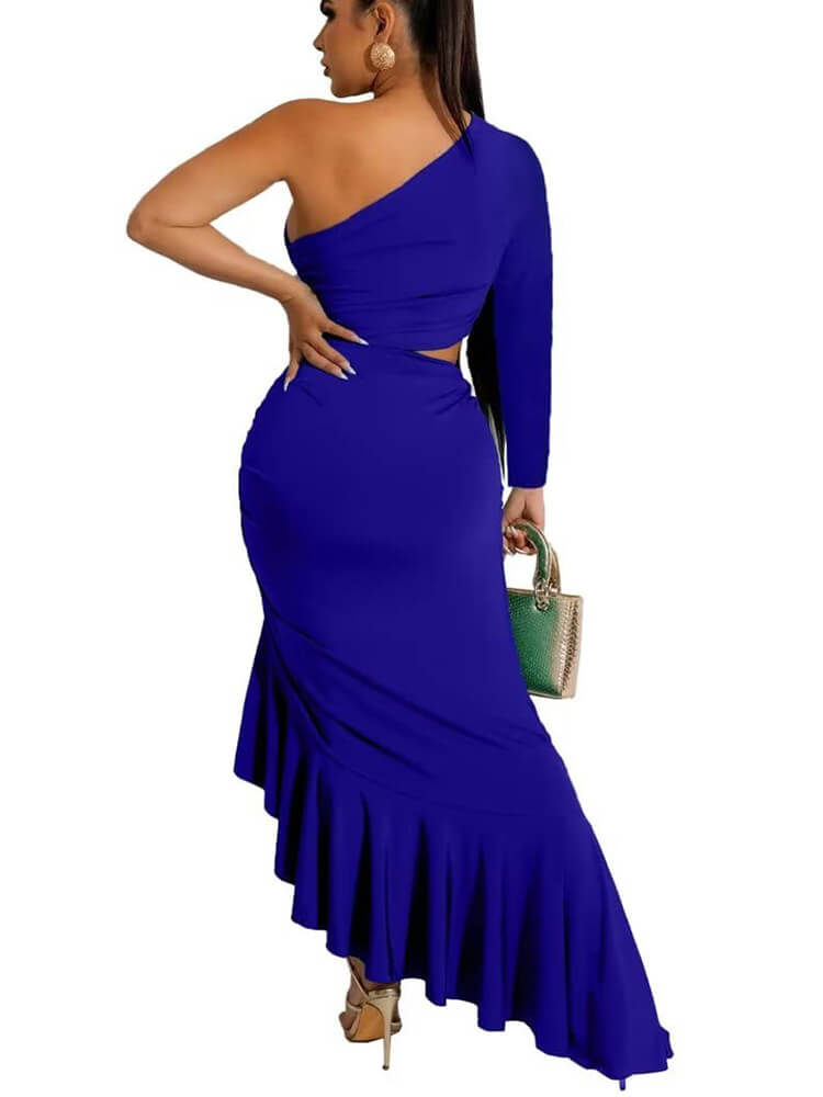 One Shoulder Cutcut High Low Ruffle Hem Maxi Dresses