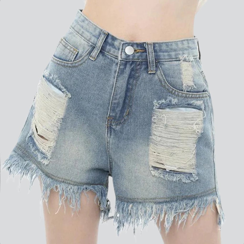 Wide-leg ripped women's denim shorts