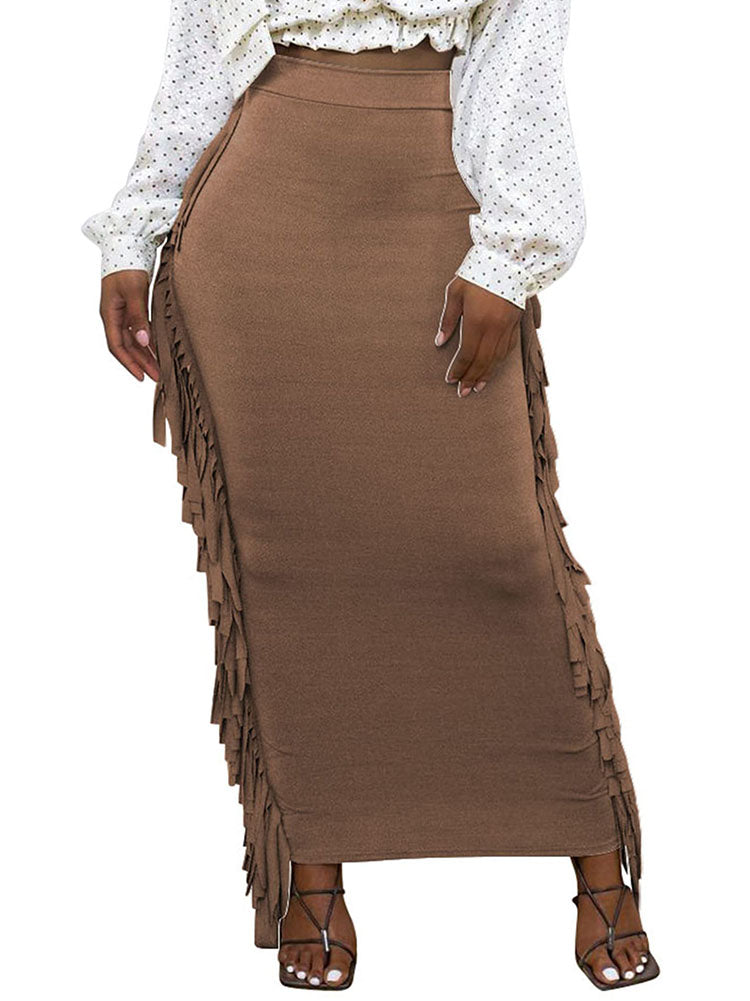 Elastic Waist Solid Tassel Wide Leg Maxi Skirts