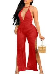 Halter Backless Split Solid Rompers