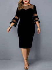 Plus Size Bell Sleeve Mesh Crew Neck Bodycon Midi Dresses