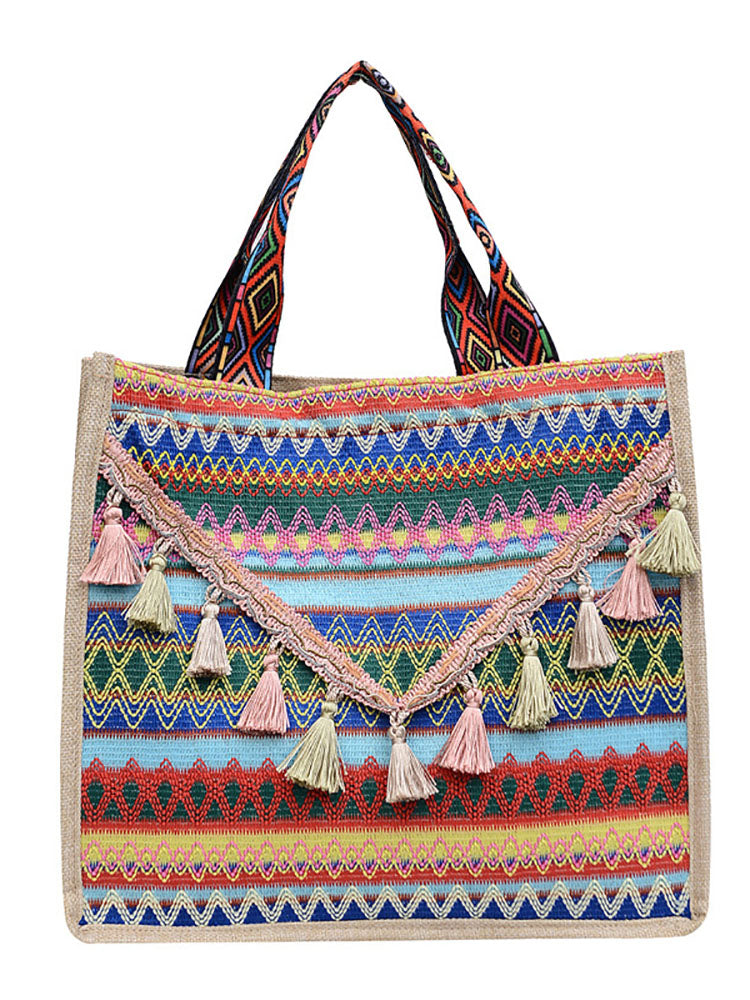 Cotton Linen Tassels Print Tote Shoulder Bags