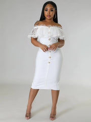 Off Shoulder Mesh Ruffle Split Midi Dress