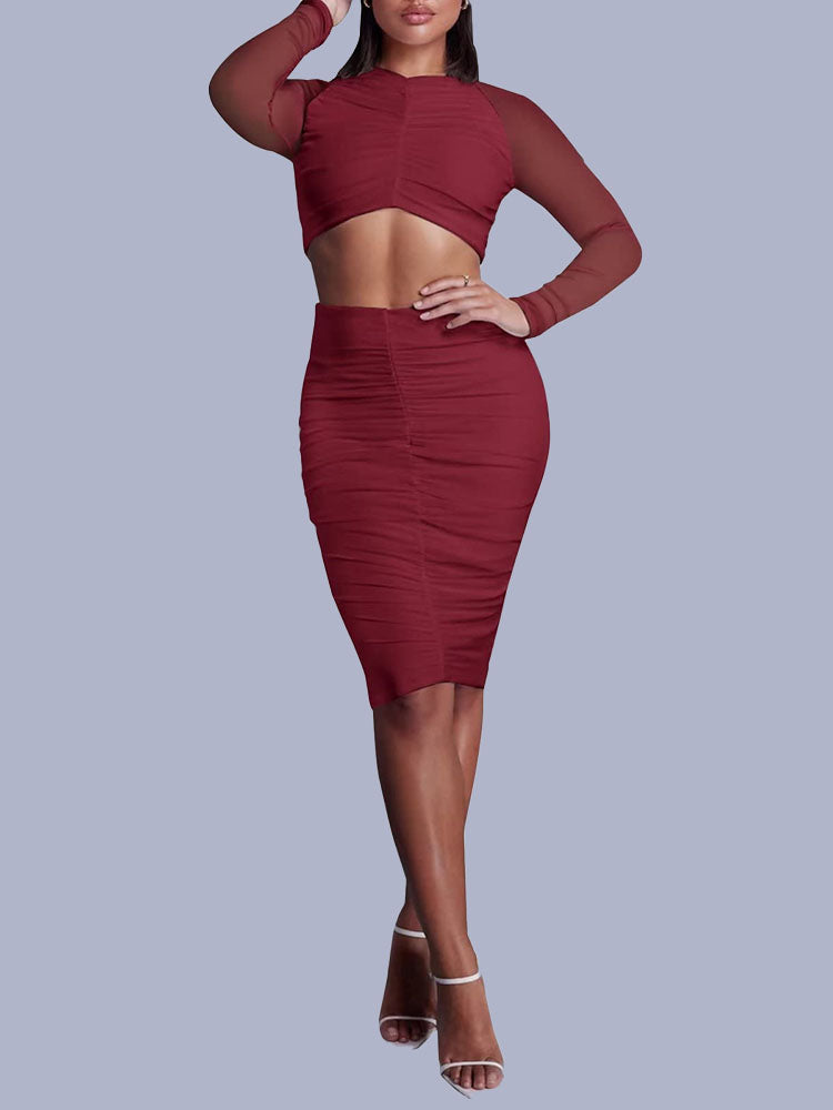 Two Piece Long Sleeve Crop Top & Midi Skirt