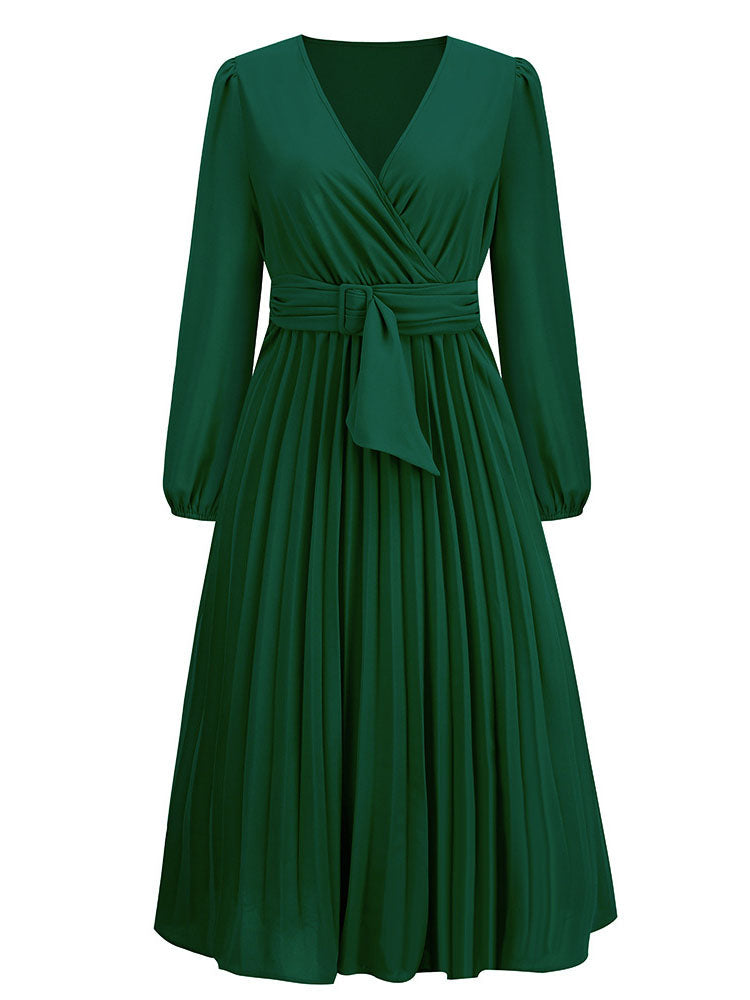 Long Sleeve Pleated Belted Midi Dresses