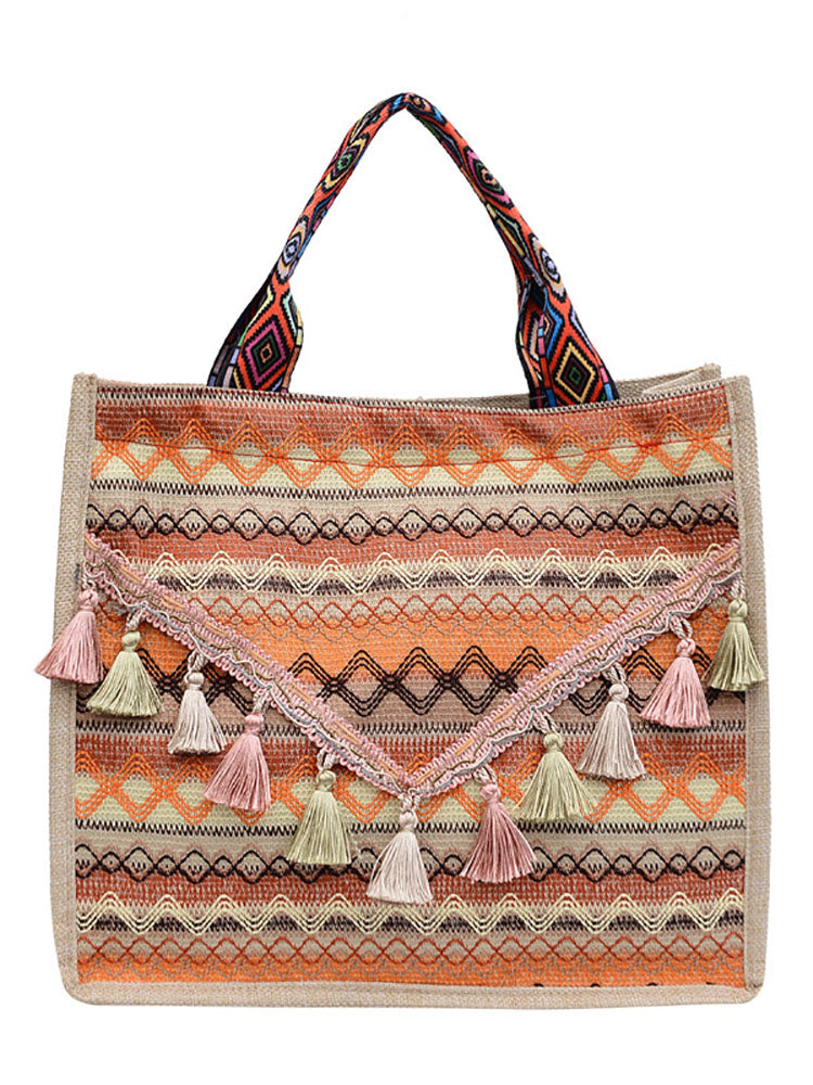 Cotton Linen Tassels Print Tote Shoulder Bags