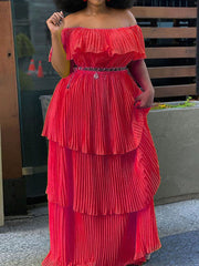 Off Shoulder Layered Pleated Plus Size Maxi Dresses